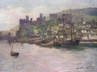 Schloss Conway und Kai, Mittag (Farblithografie)