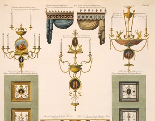 Entwürfe für Vorhangkarniesen, Girandolen und Falttüren, 1774 Druck (Detail)