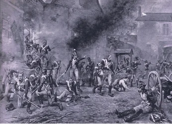 Die Verteidigung von Hougoumont am 18. Juni 1815, Illustration aus Britische Schlachten zu Land und zu Wasser, 1915