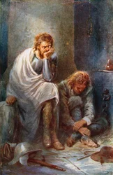 Die Pilger im Zweifelschloss (Farblithografie)