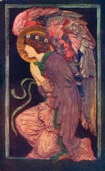 Ein Engel, der anbetet, ein farbiges Gipsrelief von Robert Anning Bell, um 1901