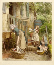 Mutter und Kinder hängen die Wäsche auf, veröffentlicht 1854