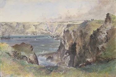 Foilhummerum Bay, Valentia, vom Cromwell Fort: Die Caroline legt das Erdkabel am 21. Juli 1865