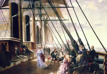 An Bord des Dampfschiffs und Raddampfers 