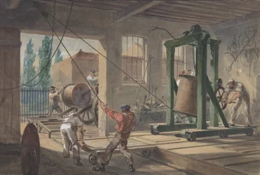 Die Rollen von Guttapercha-bedecktem Leitungsdraht in Tanks bei den Werken, 1865-66