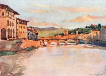 Blick nach Osten von der Ponte Vecchio bei Sonnenuntergang, mit dem Hügel von S Miniato und der Ponte Alle Grazie