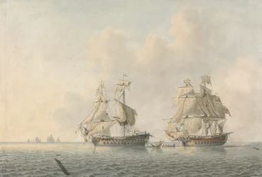 Ein englisches Kriegsschiff nimmt ein Schiff in Besitz