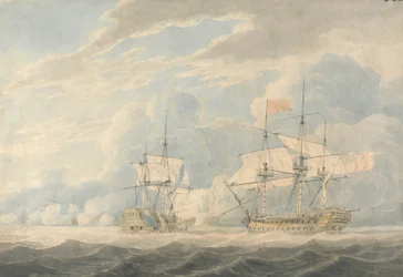 Der niederländische Vizeadmiral unter Admiral De Winter streicht seine Flagge vor dem englischen Vizeadmiral Onslow unter Admiral Duncan in der Schlacht von Camperdown, 11. Oktober 1797