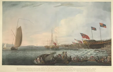 Ansicht von Blackwall, mit einem Teil der Werft, beim Stapellauf der Bombay Castle, 74 Kanonen, gebaut auf Kosten der Hon. East India Company und von ihnen Seiner Majestät im Juni 1782 geschenkt