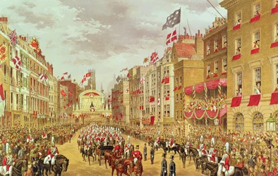 Hochzeitsprozession von Edward, Prinz von Wales und Prinzessin Alexandra durch die Stadt am Temple Bar, 7. März 1863, Illustration aus 