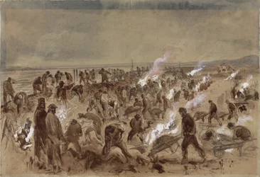 Arbeiter verlegen Telegraphenkabel