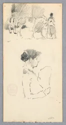 Szene mit Esel und zwei Figuren; Frau mit Fächer, 1882