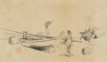 Zwei japanische Fischerboote am Ufer