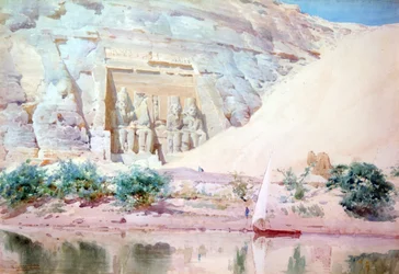Abu Simbel, Aquarell. Die großen Kalkstein-Statuen von Ramses II am Eingang, gesehen vom Nil. Ägypten Landschaft Wasser Ruinen