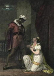 Othello und Desdemona in Venedig. Illustration zu „Othello“ von William Shakespeare. Akt 4 Szene 2. Englische Gravur von 1801 von R.K. Porter.