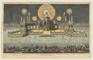 Ansicht des großen Theaters und Feuerwerks auf dem Wasser in der Nähe des Hofes in Den Haag, 1794