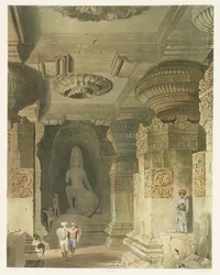 Innenansicht des Höhlentempels von Indra Subba in Ellora, aus Band II von Scenery, Costumes and Architecture of India