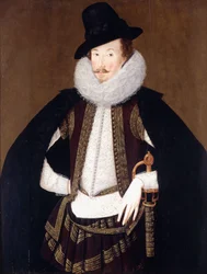 Porträt von Sir Charles Cornwallis in einem schwarz besetzten Mantel, weißem Wams und brauner, goldbestickter Weste