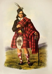 Ein Fraser-Krieger des schottischen Clans im Kilt - Lithographie von Robert Ronald McIAN aus "The Clans of The Scottish Highlands" 1845