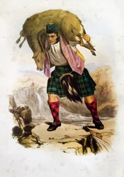 Ein schottischer Clan-Krieger Mac Rae mit einem Schaf auf den Schultern - Robert Ronald McIANs Lithographie aus „The Clans of The Scottish Highlands“ 1845