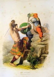 Schottischer Krieger Mac Millan kämpft im Kilt und barfuß mit dem Schwert - Robert Ronald McIans Lithographie aus "Die Clans der schottischen Highlands" 1845