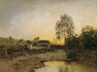 Landschaft mit Weiher und Gehöften