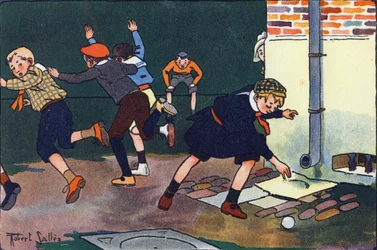 Kugel an der Wand. Gravur in "Was spielen wir?" von E. Weber mit Aquarellzeichnungen von Robert Salles (1871-1929). Librairie Garnier Frères, Paris.
