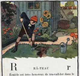 Kinderbuch „Ich werde lesen - Methodisches und lustiges Alphabet von einem Vater“ 1926. Illustration von Robert Salles (1871-1929). Abecedarium: Buchstabe R wie Rechen. Ein Junge im Garten seines Hauses.