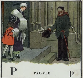 Kinderbuch „Ich werde lesen - Methodisches und lustiges Alphabet von einem Vater“ 1926. Illustration von Robert Salles (1871-1929). Abecedarium: Buchstabe P wie Arm. Ein Bettler bettelt vor der Kirche.