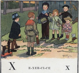 Kinderbuch „Ich werde lesen - Methodisches und unterhaltsames Alphabet von einem Vater“, 1926. Illustration von Robert Salles (1871-1929). Abc-Buch: der Buchstabe X wie Exerzieren. Kinder spielen Militär.