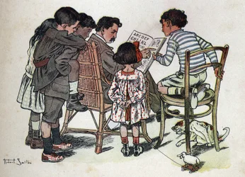 Kinderbuch „Ich werde lesen - Methodisches und lustiges Alphabet von einem Vater“ 1926. Illustration von Robert Salles (1871-1929). Ein Familienvater bringt Kindern das Lesen bei