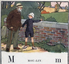 Kinderbuch „Ich werde lesen - Methodisches und lustiges Alphabet von einem Vater“ 1926. Illustration von Robert Salles (1871-1929). Abecedaire: Buchstabe M wie Mühle. Ein Junge geht mit seinem Großvater spazieren. Er zeigt auf eine Windmühle
