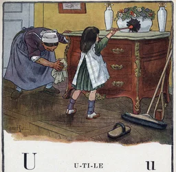Kinderbuch „Ich werde lesen - Methodisches und lustiges Alphabet von einem Vater“ 1926. Illustration von Robert Salles (1871-1929). Abecedaire: Buchstabe U wie Nützlich. Ein Mädchen hilft beim Putzen und Staubwischen