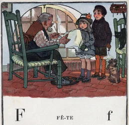 Kinderbuch „Ich werde lesen - Methodisches und lustiges Alphabet von einem Vater“ 1926. Illustration von Robert Salles (1871-1929). Abecedaire: Buchstabe F wie Fest. Ein Mädchen und ein Junge schenken ihrem Großvater Geschenke zu seiner Feier