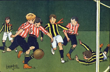 Fußball. Gravur in "Was spielen wir?" von E. Weber mit Aquarellzeichnungen von Robert Salles (1871-1929). Librairie Garnier Freres, Paris