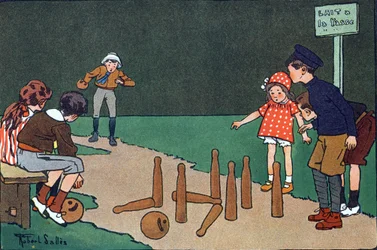 Die Kegelbahn. Gravur in "Was spielen wir?" von E. Weber mit Aquarellzeichnungen von Robert Salles (1871-1929). Librairie Garnier Freres, Paris
