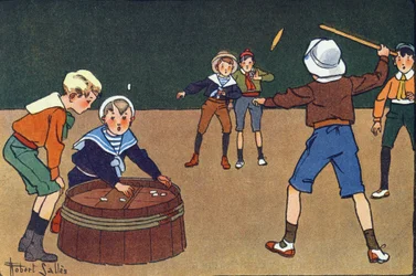 Die Osselets und der Quinet. Gravur in „Was spielen wir?“ von E. Weber mit Aquarellzeichnungen von Robert Salles (1871-1929). Librairie Garnier Freres, Paris