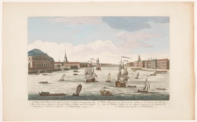 Blick auf den Fluss Neva in Sankt Petersburg, stromabwärts gesehen