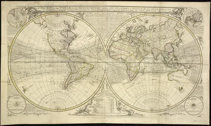 Eine neue Weltkarte in zwei Hemisphären mit den neuen Entdeckungen und Routen der beiden Weltumsegler Dampier und Anson: Gezeichnet nach den neuesten Geographen und stark verbessert von den Sieurs D