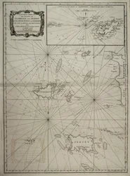 Eine allgemeine Karte der Inseln Guernsey und Jersey, Sark, Herm, Jethou und Alderney, mit Cape la Hague und den Caskets