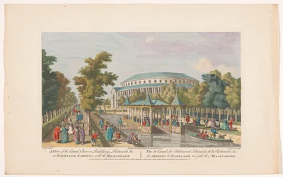 Ansicht des Kanals, des chinesischen Pavillons und der Rotunde in den Ranelagh Gardens in London mit einem Maskenball