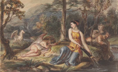Diana, Göttin der Jagd, mit Satyrn, schlafendem Amor und einem Pegasus in einer bewaldeten Landschaft