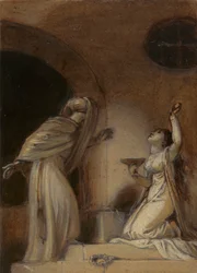 Illustration für eine östliche Romanze, möglicherweise "Die Geschichten aus Tausendundeiner Nacht", mit kniender weiblicher Figur rechts