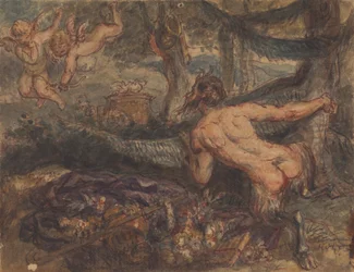 Pan, der hinter einem Baum spioniert, bei Putti, die Pfeile schießen