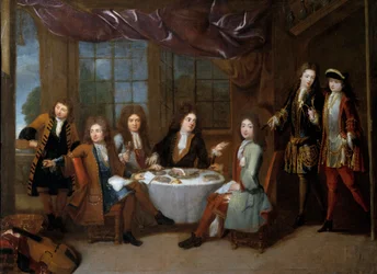 Schinkenfrühstück. Männer des Adels teilen ein kaltes Fleischessen