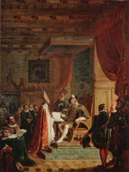 Mikael Agricola übergibt die finnische Übersetzung des Neuen Testaments an König Gustav Wasa