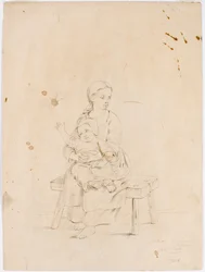 Junge Frau sitzt auf einer Bank mit kleinem Kind im Arm