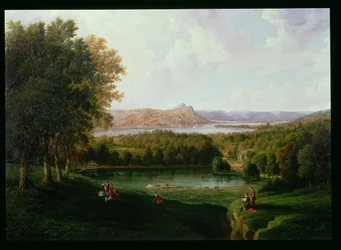 Blick von Tarrytown auf den Hudson River, Old Dutch Church und Beckham Manor, 1866