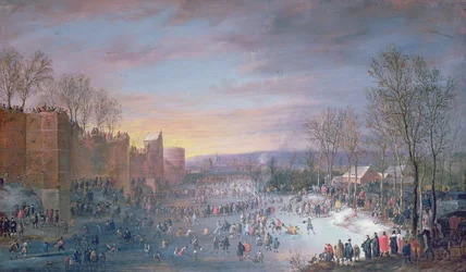 Eislaufen auf dem Stadtgraben in Brüssel, 1649
