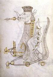 Arabica machina. Illustration einer arabischen Kriegsmaschine in Form eines Drachen mit riesigen Pfeilen aus dem Mund. In 
